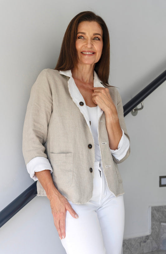 Kira White Linen Reversible Jacket Front