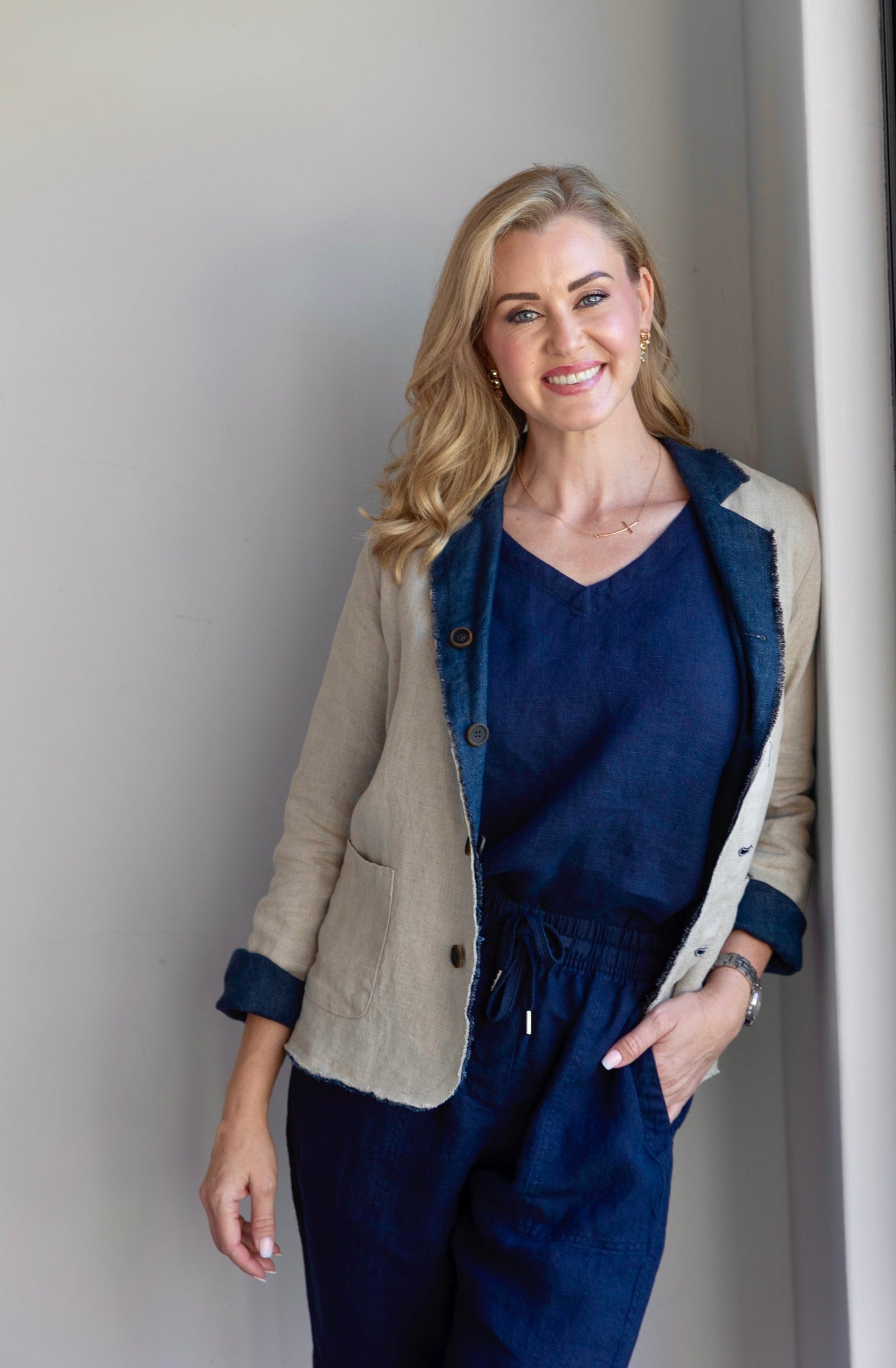 Kira Navy Linen Reversible Jacket Front