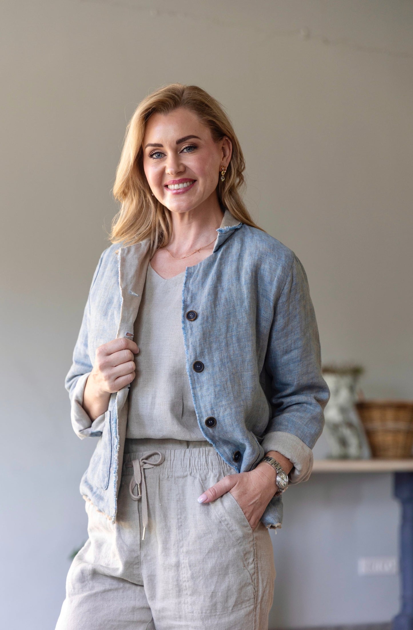 Kira Light Blue Linen Reversible Jacket Front Close-up